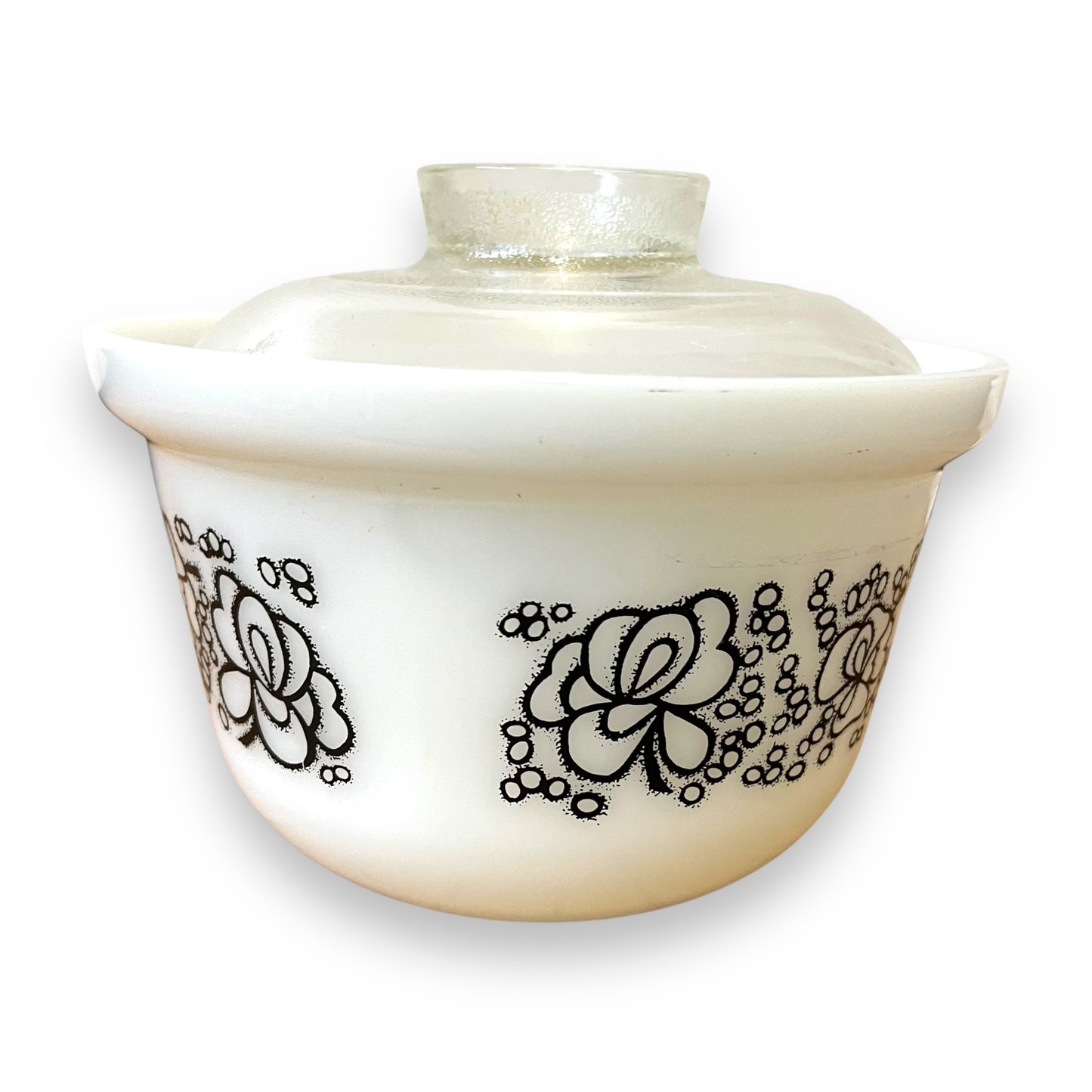 Crown Pyrex Ovenware Dish with Clear Glass Lid - Black Floral Design