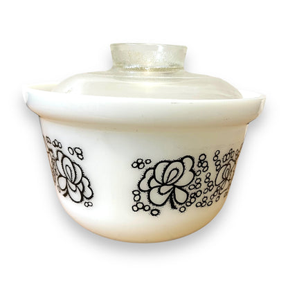 Crown Pyrex Ovenware Dish with Clear Glass Lid - Black Floral Design