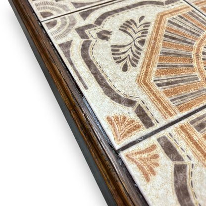 Large tile coffee table orange and brown retro pattern tiles wooden frame