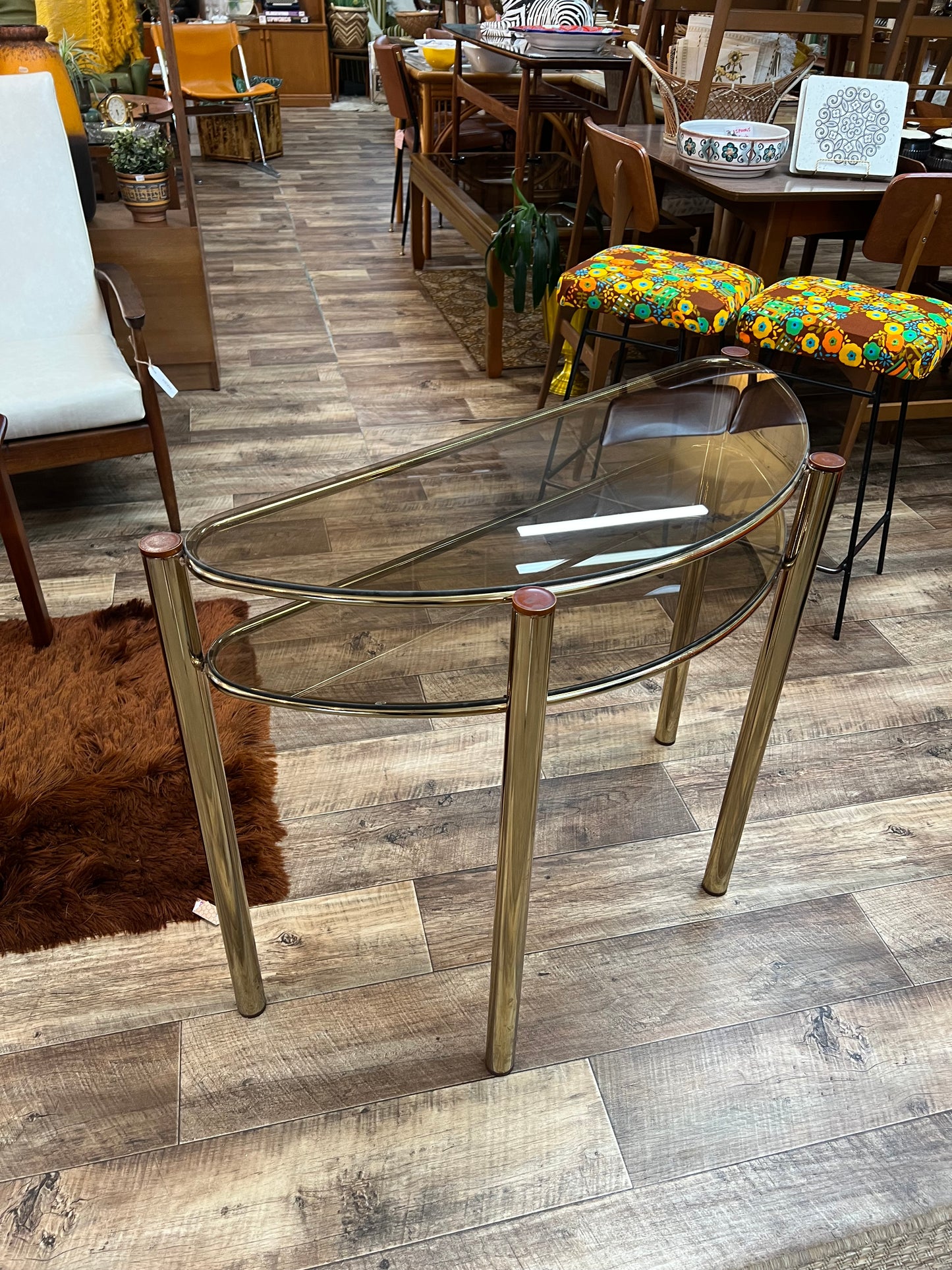Brass Half Moon Console Table with Smoked Glass / Two-Tier Hall Table