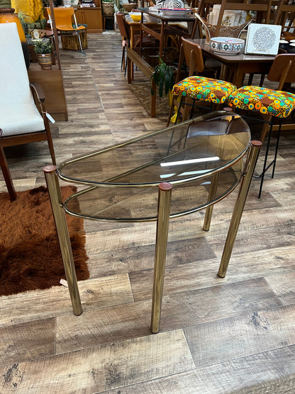 Brass Half Moon Console Table with Smoked Glass / Two-Tier Hall Table