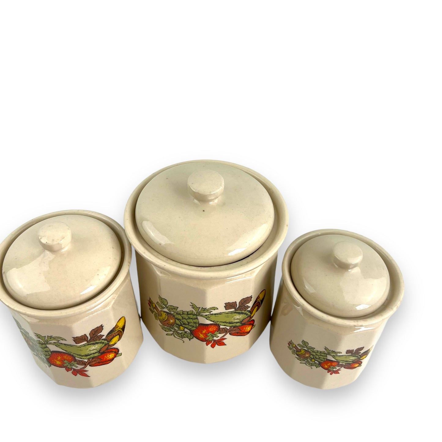 Beige Ceramic Canister set of 3 with colourful vegetable decals.