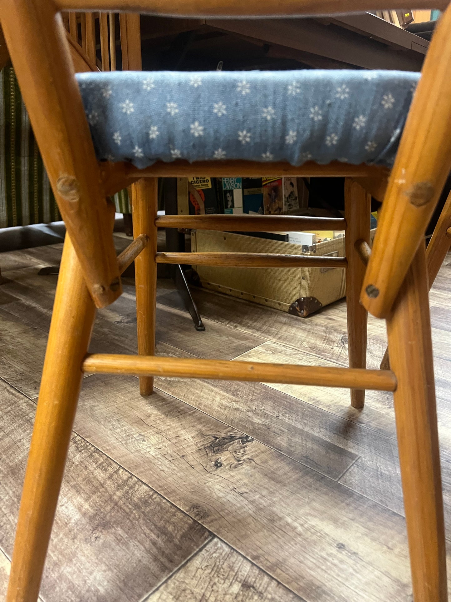 Pair of Timber Dining Chairs with Blue Patterned Upholstered Seats