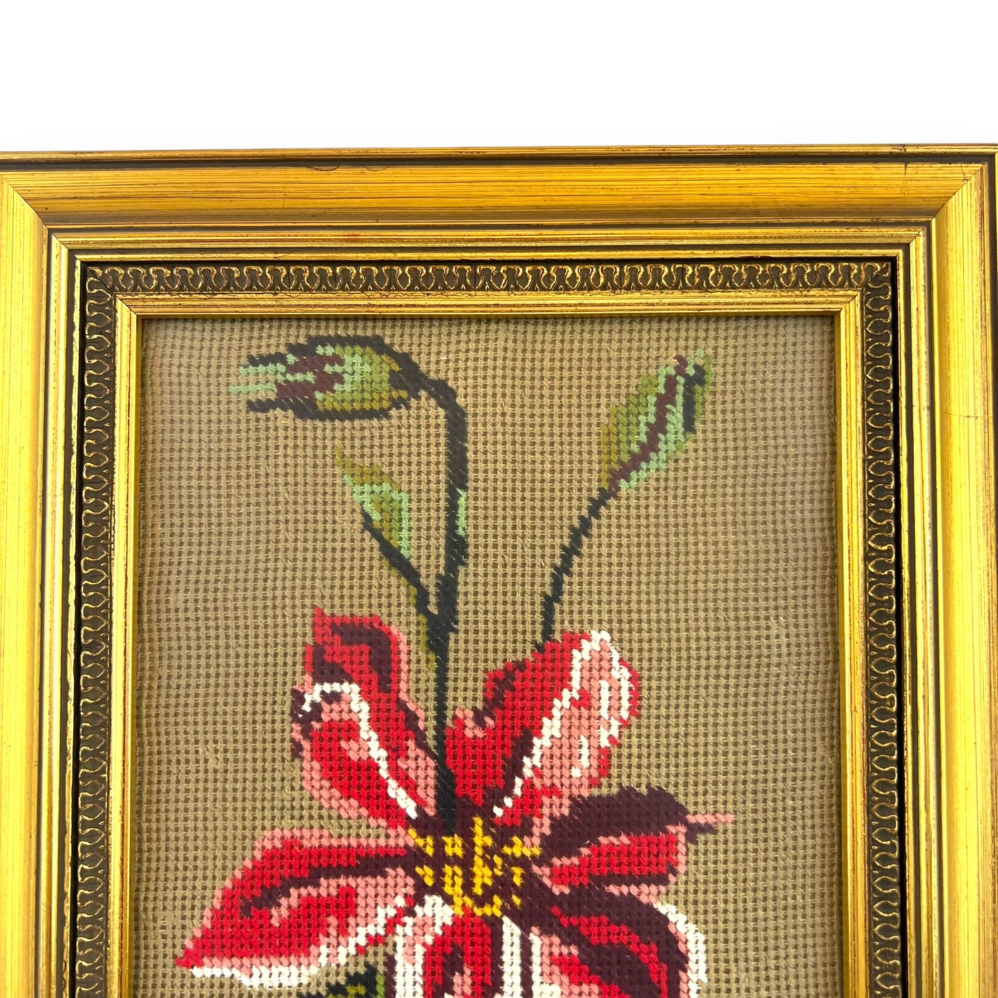 Vintage Needlepoint Art – Red Floral Design in Gold Frame