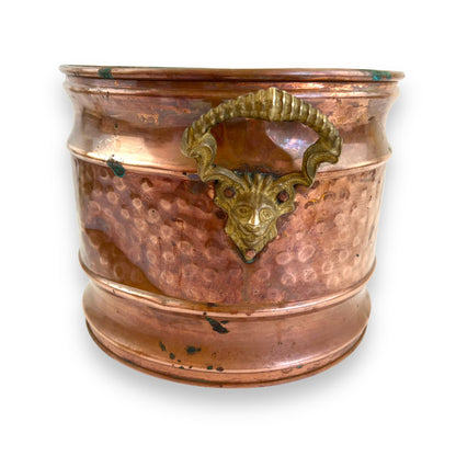 Large Vintage Hammered Copper Pot with Brass Lion head Handles
