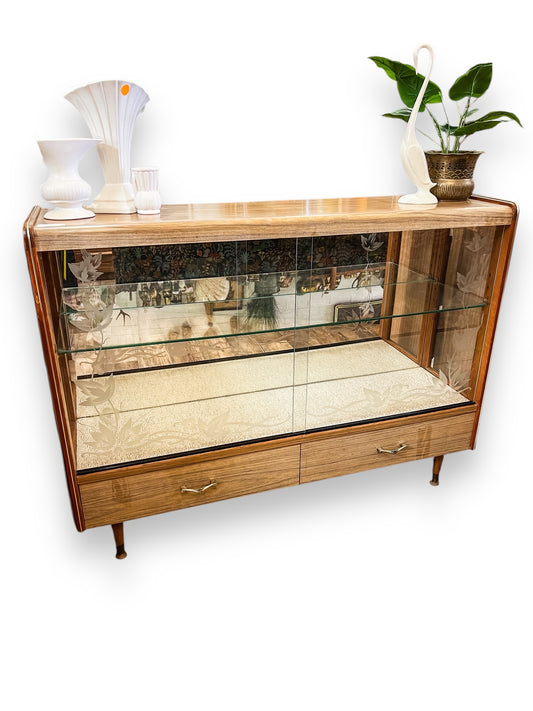 Glass Display Cabinet with Etched Floral Sliding Doors and Mirrored Back