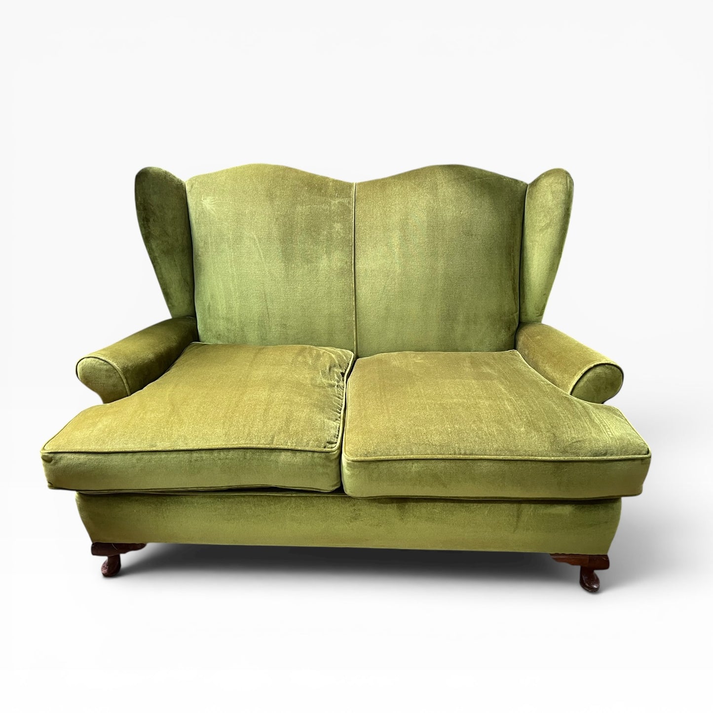 Vintage Olive Green Velvet Wingback Two Seater Lounge