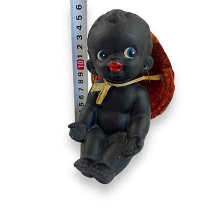 Black Ceramic Kewpie Doll with Straw Hat & Earrings - Made in Japan
