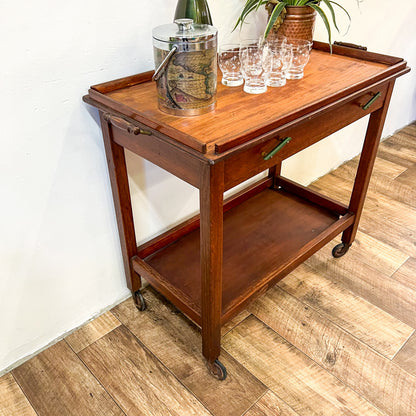 Vintage two tier wooden tea / bar cart trolley with drawers