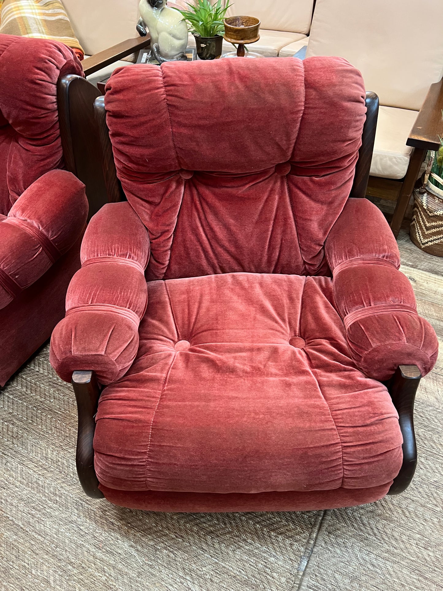 Pink Velvet Lounge Chair with Timber Frame