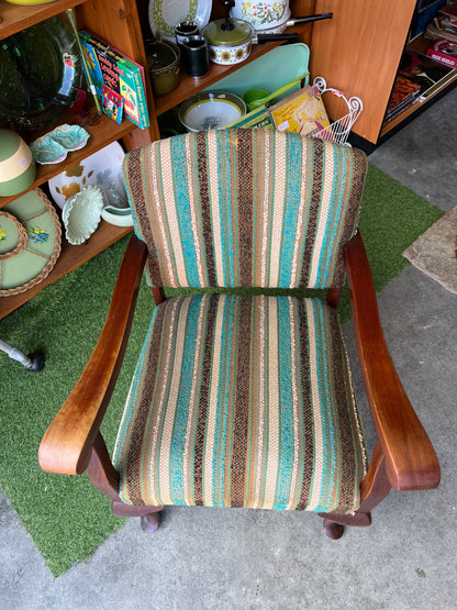 Occasional Armchair with Sculptural Timber Frame & Retro Stripe Upholstery