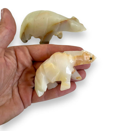 Onyx stone mother bear and cub handcarved statue set