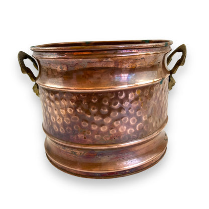 Large Vintage Hammered Copper Pot with Brass Lion head Handles