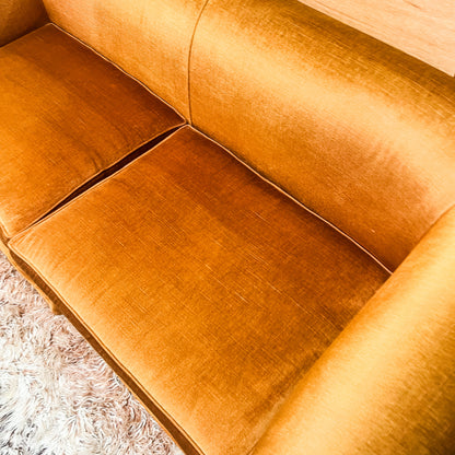 Brown-Gold Velvet Sofa with Rolled Arms