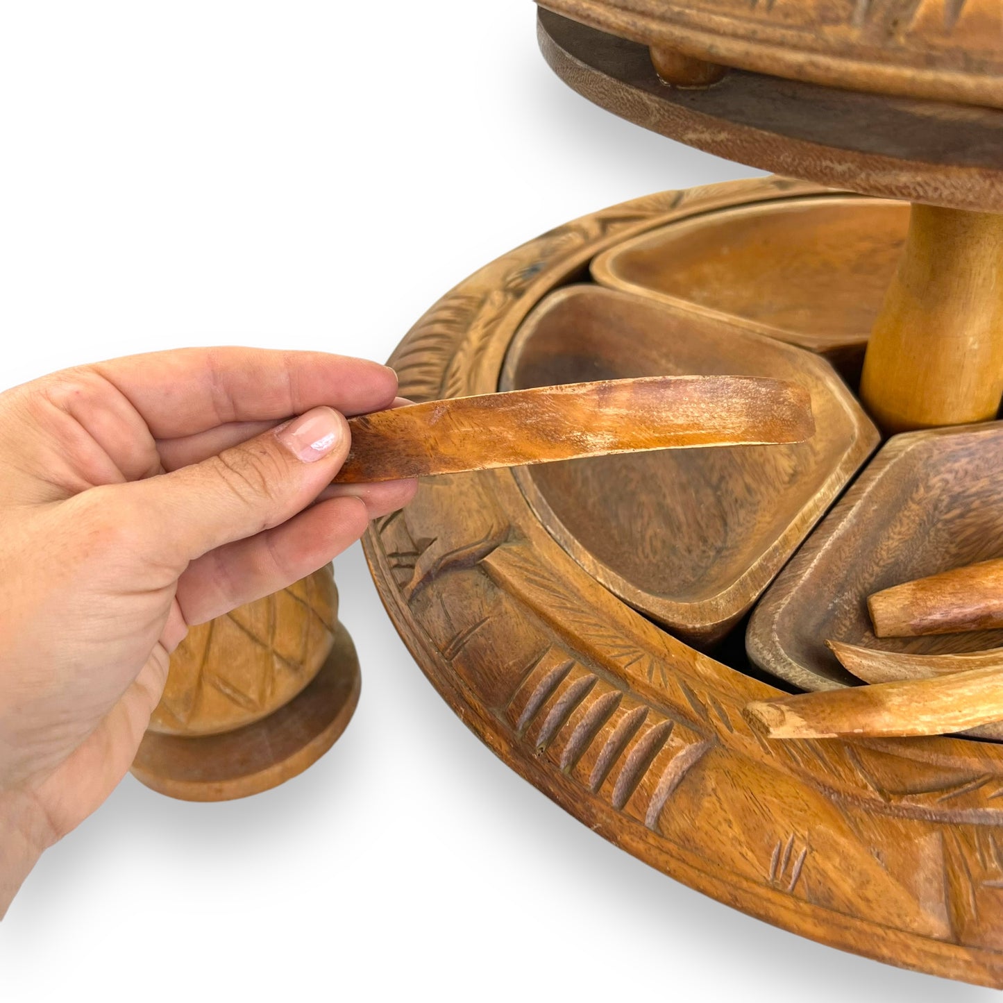 Wooden Tiki Monkey Pod Two Tier Lazy Susan Server