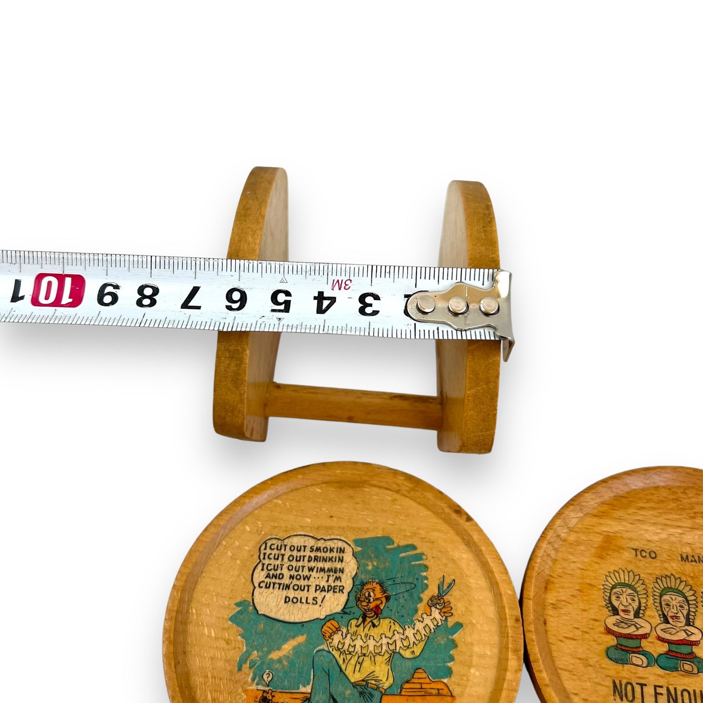 Vintage Wooden Novelty drink coaster set in holder