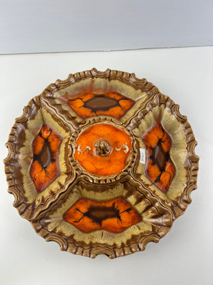 Ceramic Divided Serving Platter with Lidded Centre Bowl – Orange & Brown