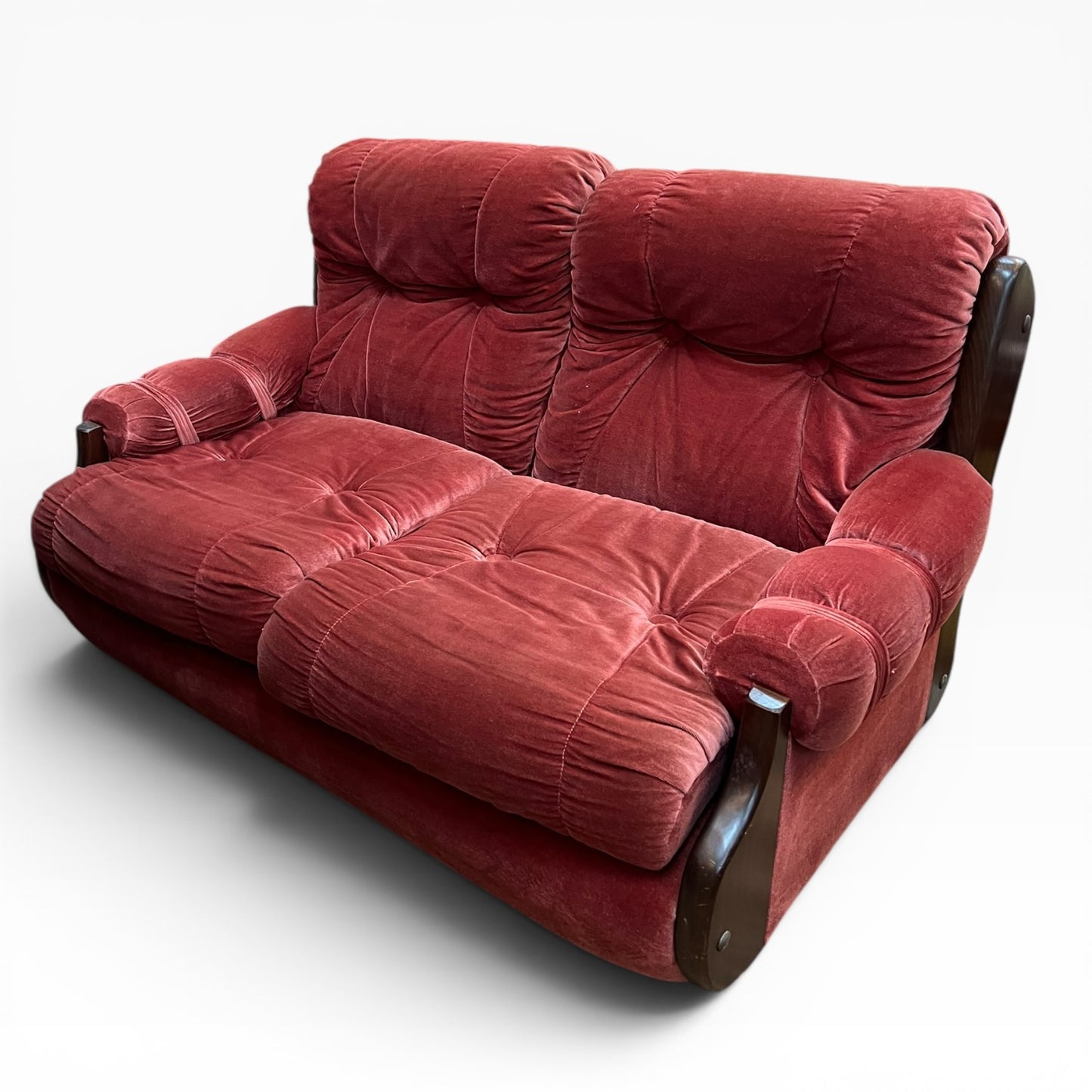 #1 Pink Velvet 2 Seater Lounge with Timber Frame