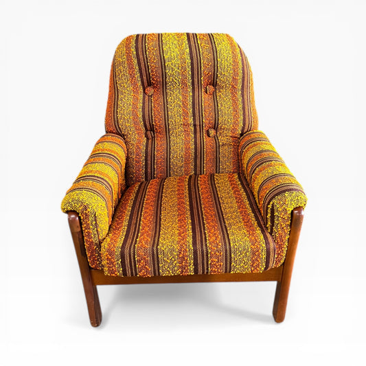 VanderOza Mid-Century Armchair in Original yellow, orange and brown Textured wool Stripe Upholstery