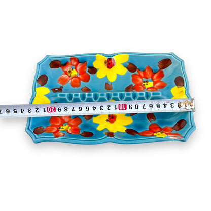 Hand-Painted Ceramic Butter Dish – Floral Motif in Blue, Yellow & Red