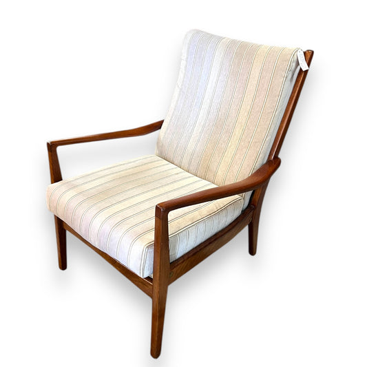 TH Brown Mid-Century Armchair – Teak Frame with Striped Upholstery