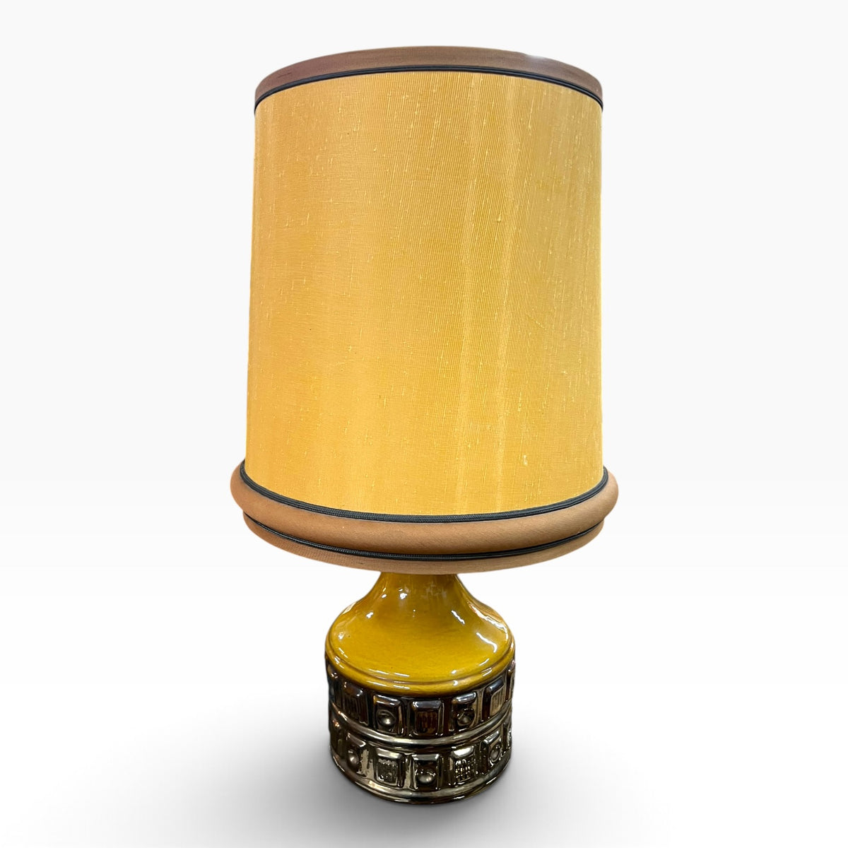 1970s Mustard & Brown Ceramic Table Lamp with Original Shade