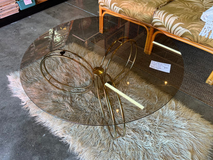 Hollywood Regency Brass & Smoked Glass Coffee Table – Sculptural Triple Ring Base, c.1970s