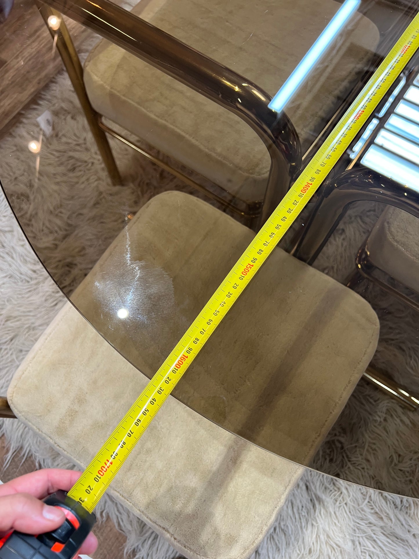 Brass & Smoked Glass Dining Table with 6 Chairs cream upholstery