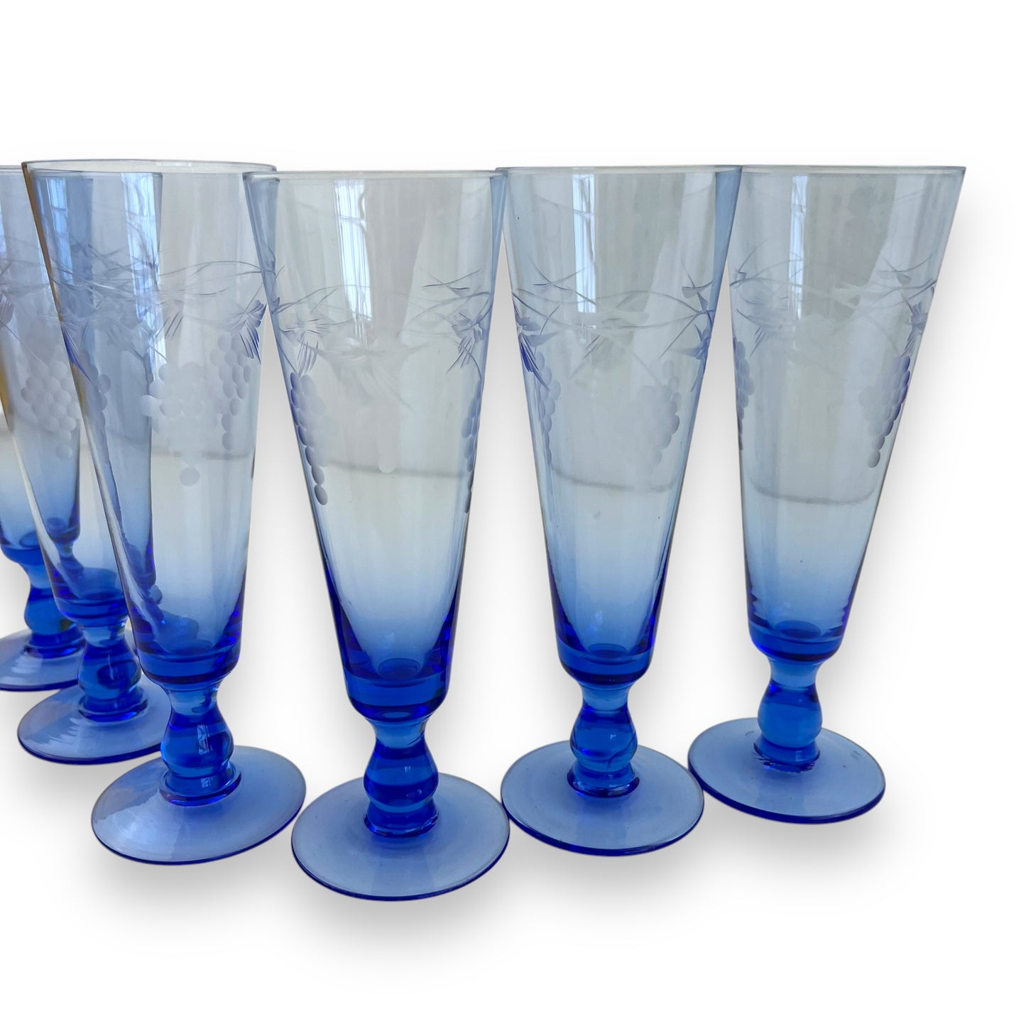 Blue grape etched cocktail flute glass set of 6