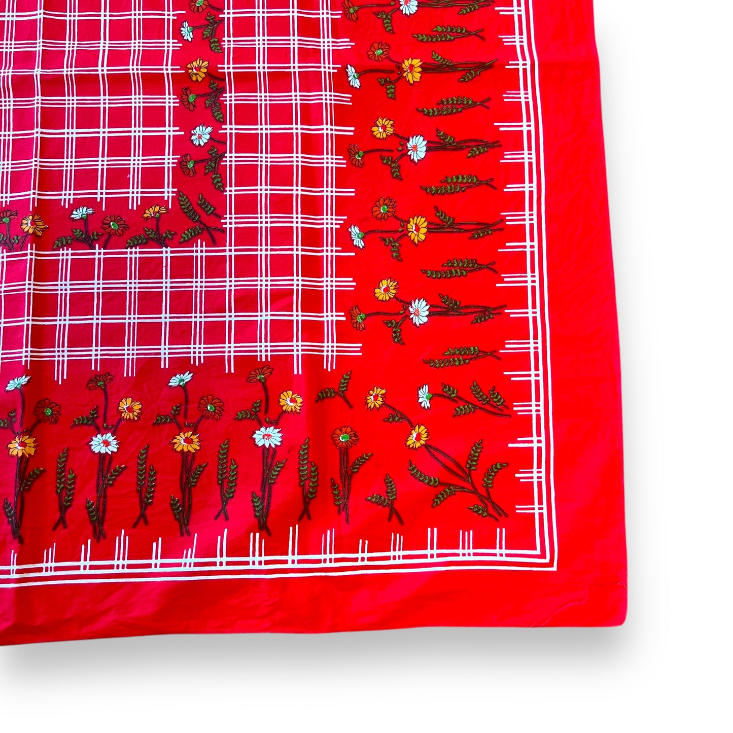 Red Checkered Tablecloth with Floral Pattern – Retro Home Decor