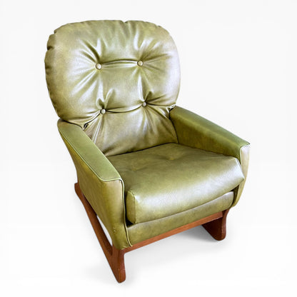Olive Green Vinyl Lounge Armchair with Timber Sleigh Base