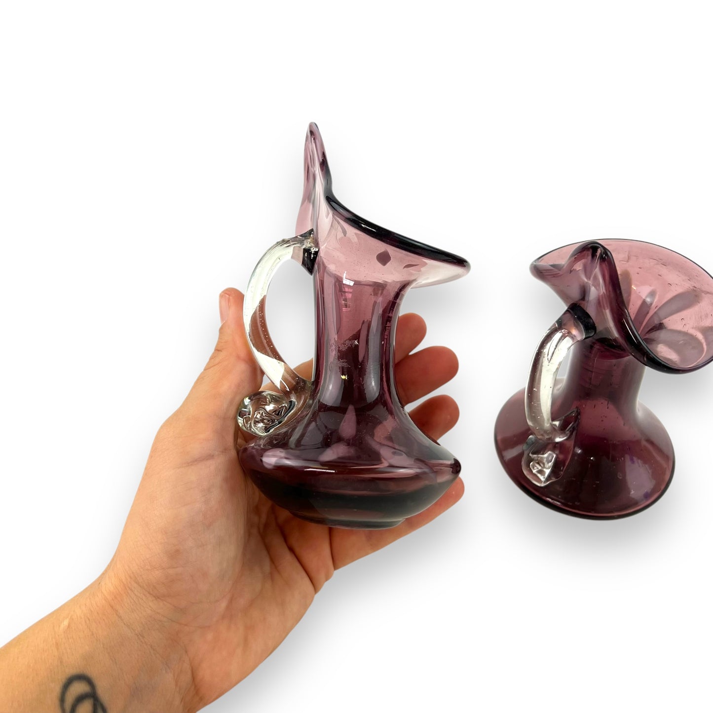 Pair of Amethyst Purple Handblown Glass Pitchers / Sculptural Vases