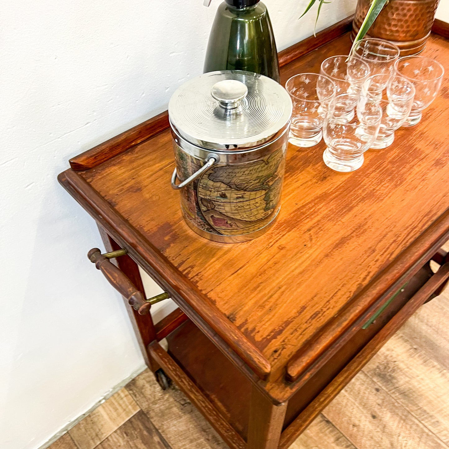 Vintage two tier wooden tea / bar cart trolley with drawers