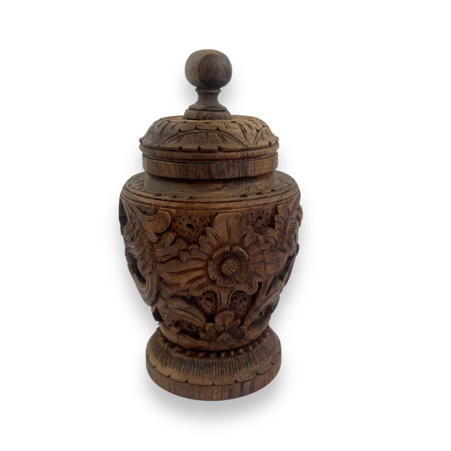 Hand-Carved Wooden Decorative Jar with Lid – Intricately Floral Design