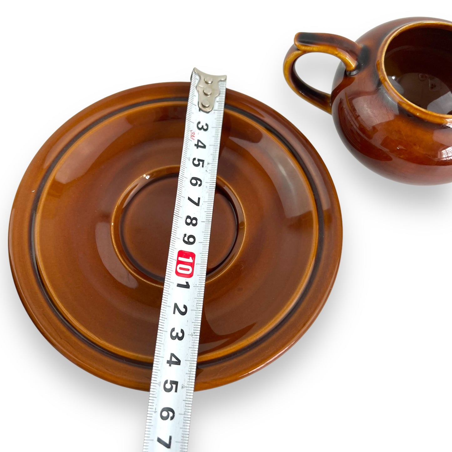 Brown & Yellow Tea Cup, Saucer & cream jug