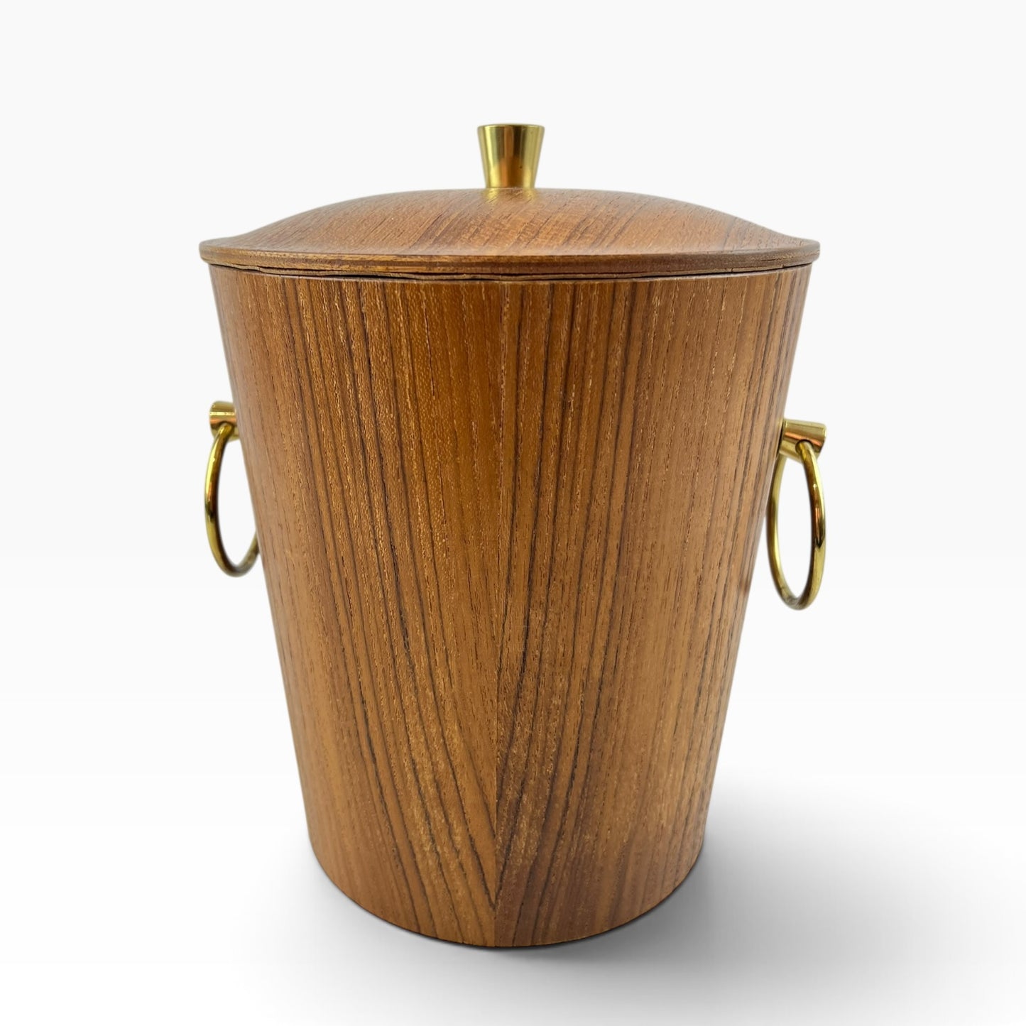 Teak Veneer & Brass Ice Bucket with Ring Handles