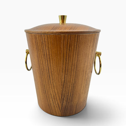 Teak Veneer & Brass Ice Bucket with Ring Handles