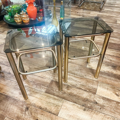 Pair of Vintage Brass & Smoked Glass Side Tables