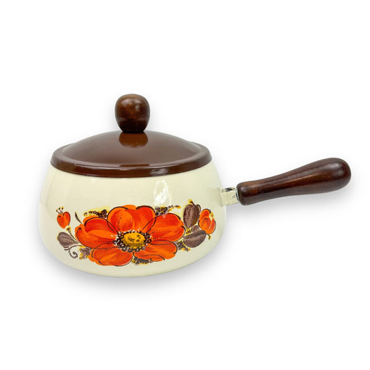 Retro Orange Flower Enamel Fondue Pot with wooden handle