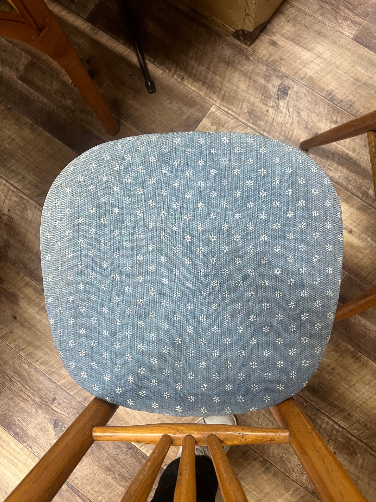 Pair of Timber Dining Chairs with Blue Patterned Upholstered Seats