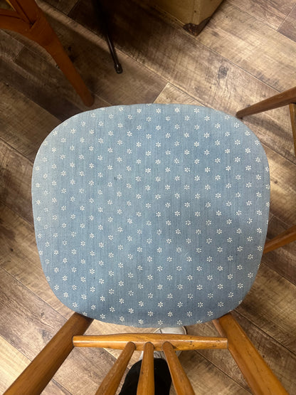 Pair of Timber Dining Chairs with Blue Patterned Upholstered Seats