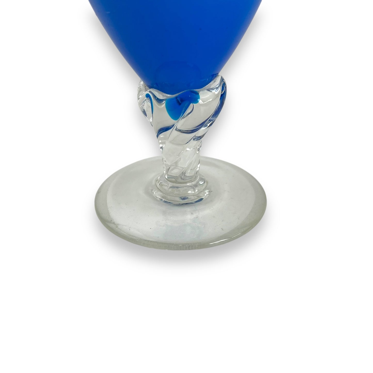 Italian Empoli Blue Cased Glass Pedestal Pitcher with Clear Twisted Handle