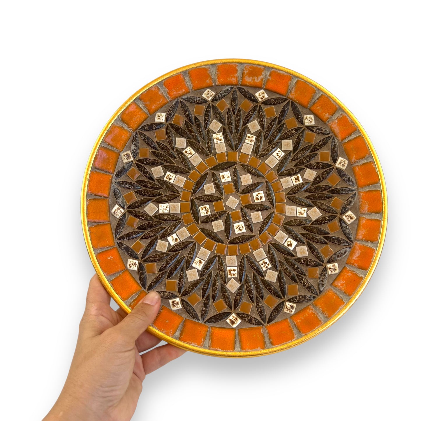 Mosaic Stone Plate | Geometric Tile Design in Orange and Brown