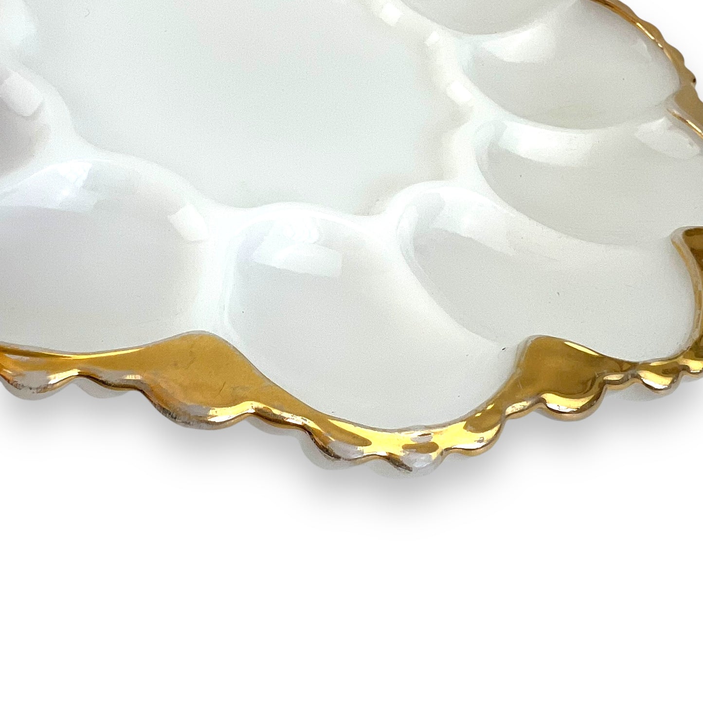 Anchor Hocking Milk Glass Devilled Egg Plate with Gold Rim