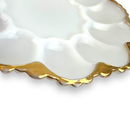 Anchor Hocking Milk Glass Devilled Egg Plate with Gold Rim