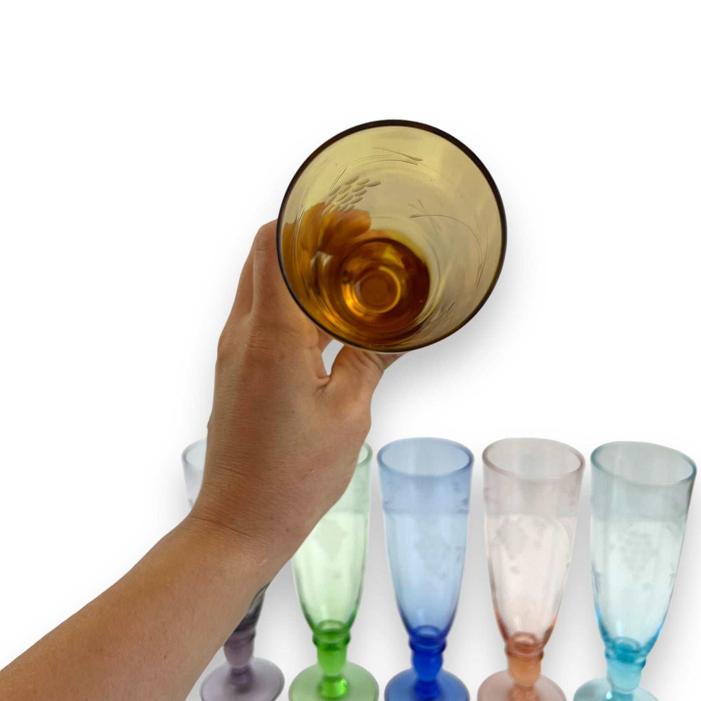 Set of 6 Vintage Etched Glasses – Multicoloured Grape Motif – Wine or Champagne