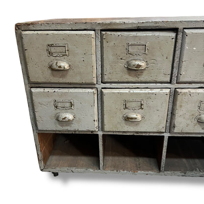 Vintage Industrial 8-Drawer Timber Storage Unit with Bottom Cubbies