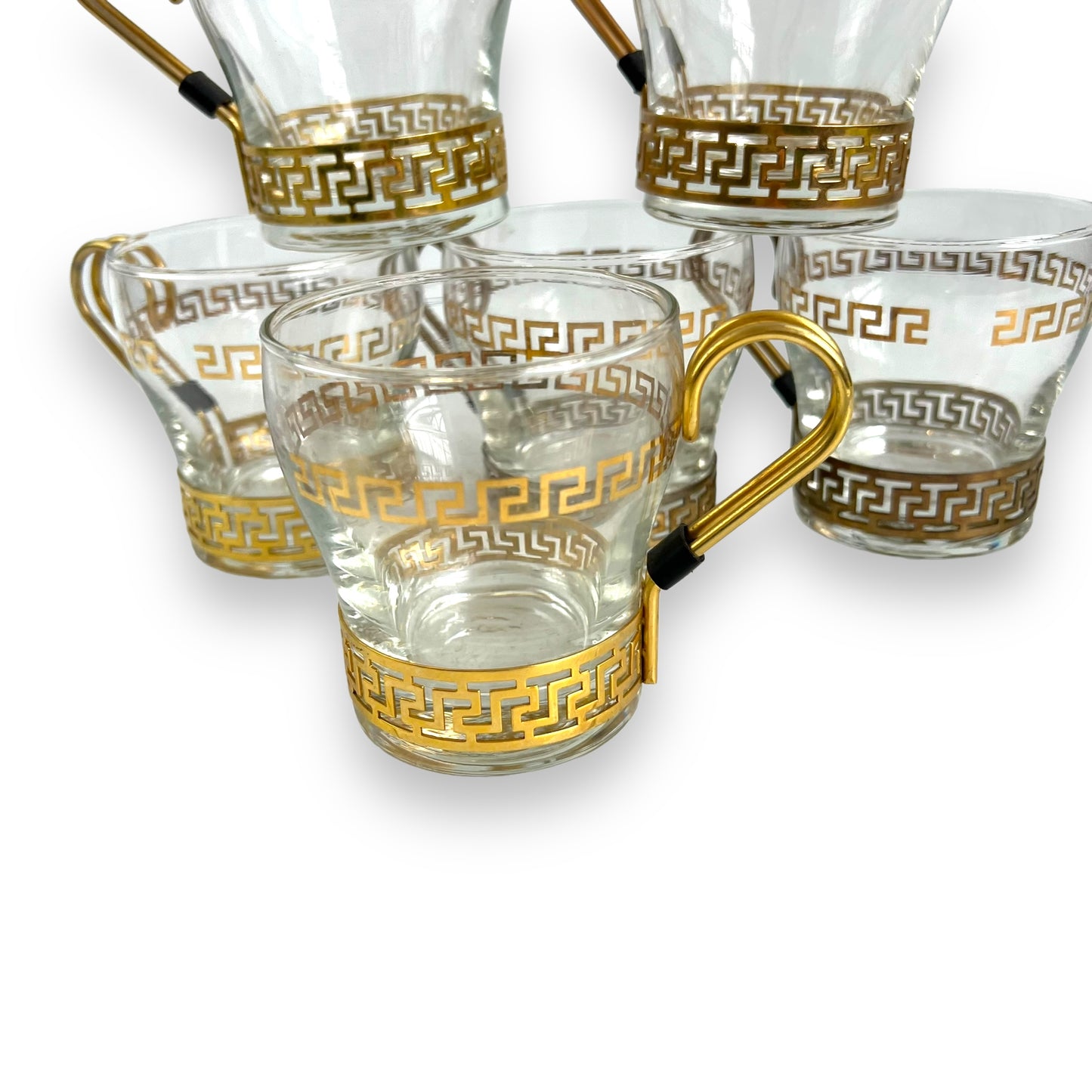Libbey Greek Key Gold Coffee Mugs With Brass Handles set of 6