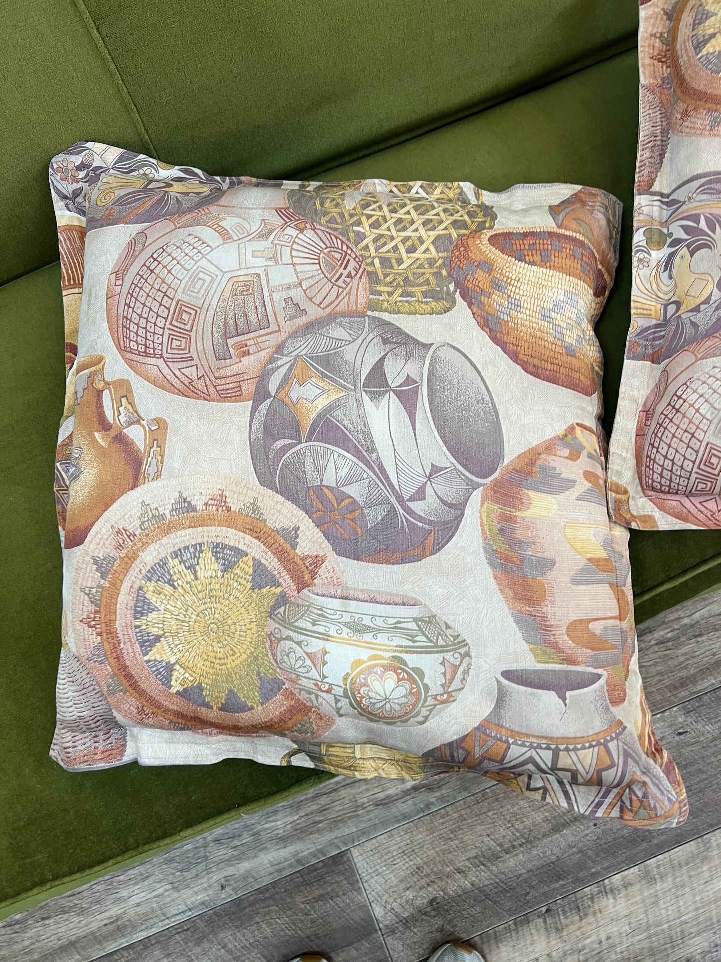Pair of throw cushions vintage vase patterned fabric