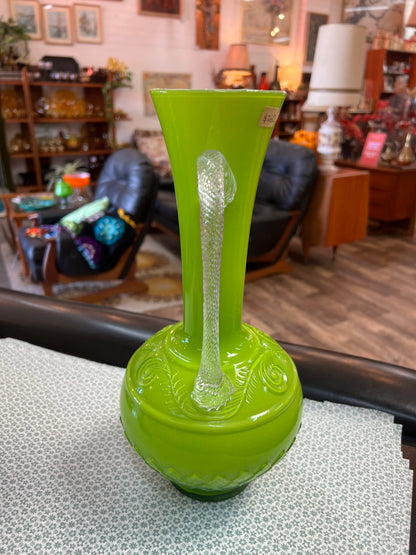 Lime Green Art Glass Ewer Vase with Clear Applied Handle – Decorative Scroll Detail